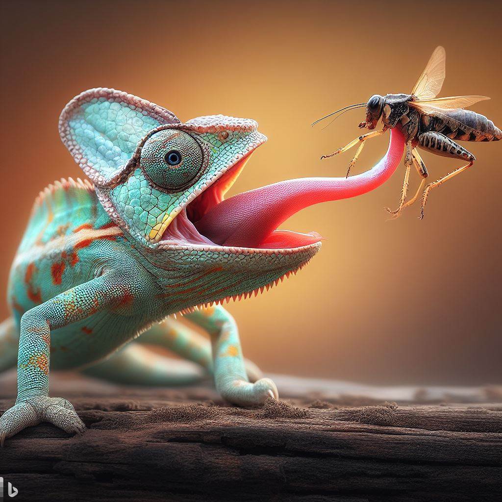 chameleon capturing a cricket