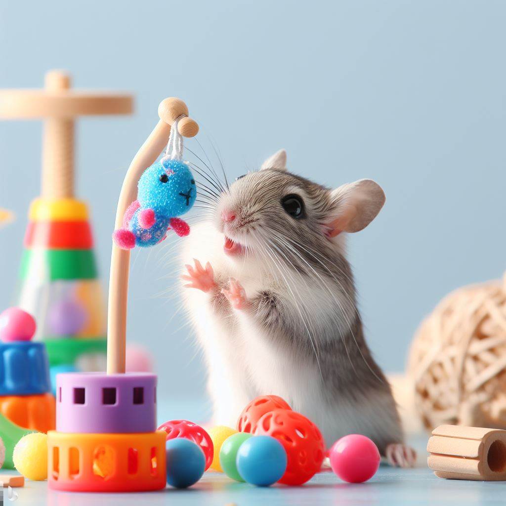 Image: A gerbil joyfully interacting with a variety of toys, illustrating the importance of mental stimulation.