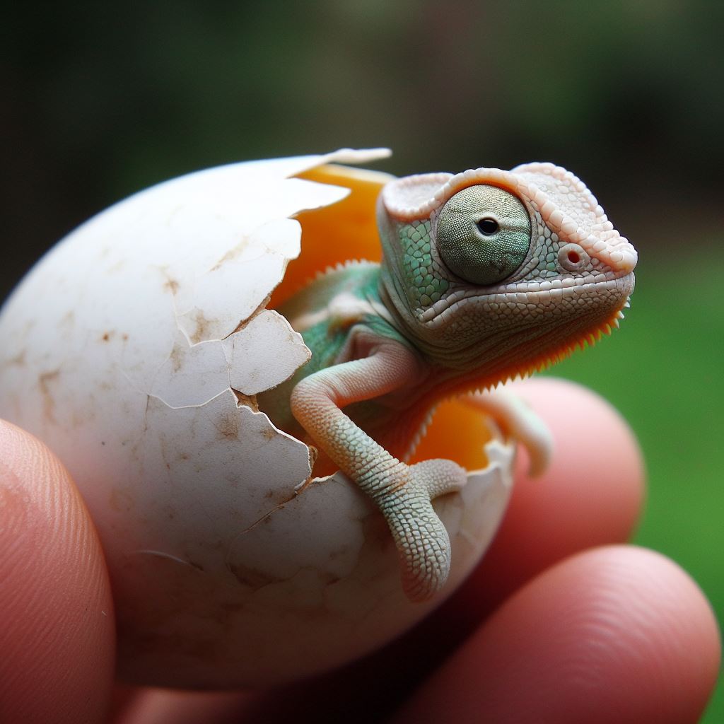 Close-up image hatchling veiled chameleon emerging from its egg,